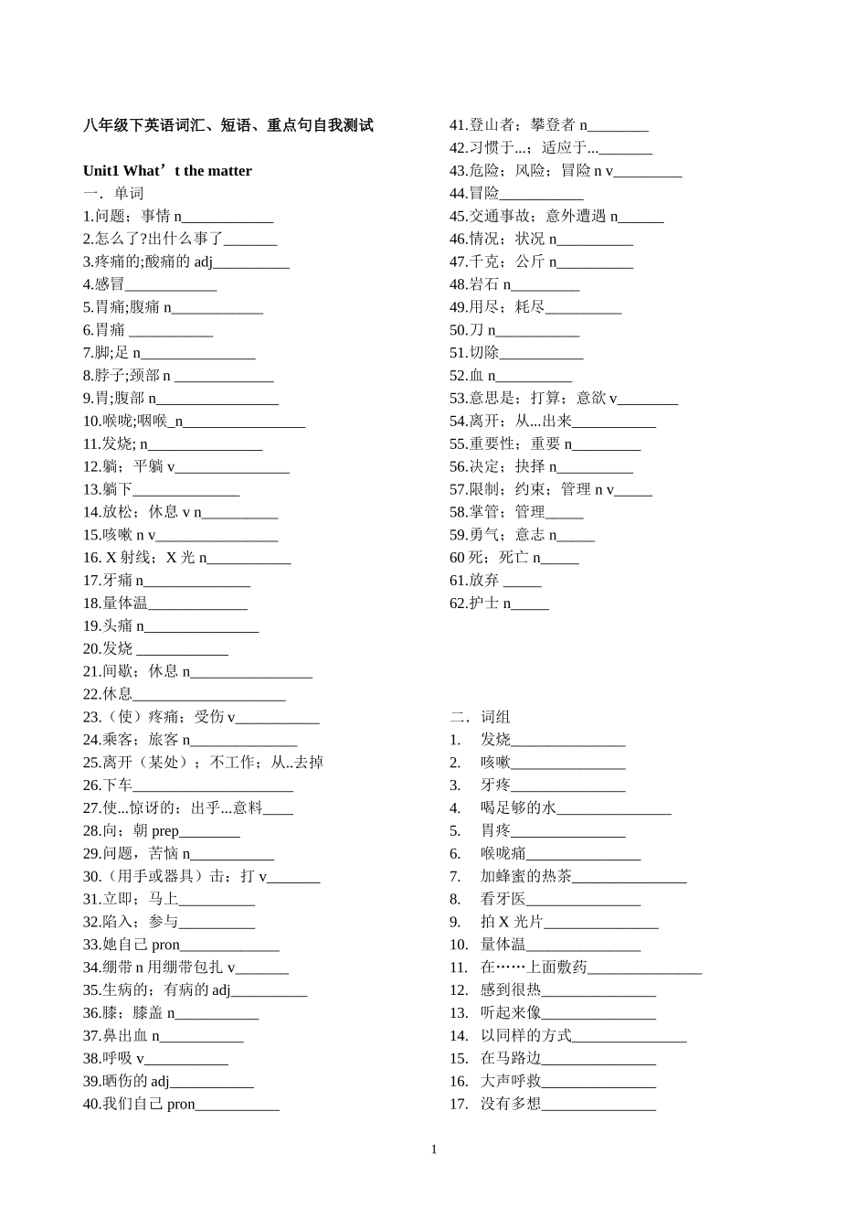八年级下英语各单元词汇、短语、重点句型自我测试_第1页