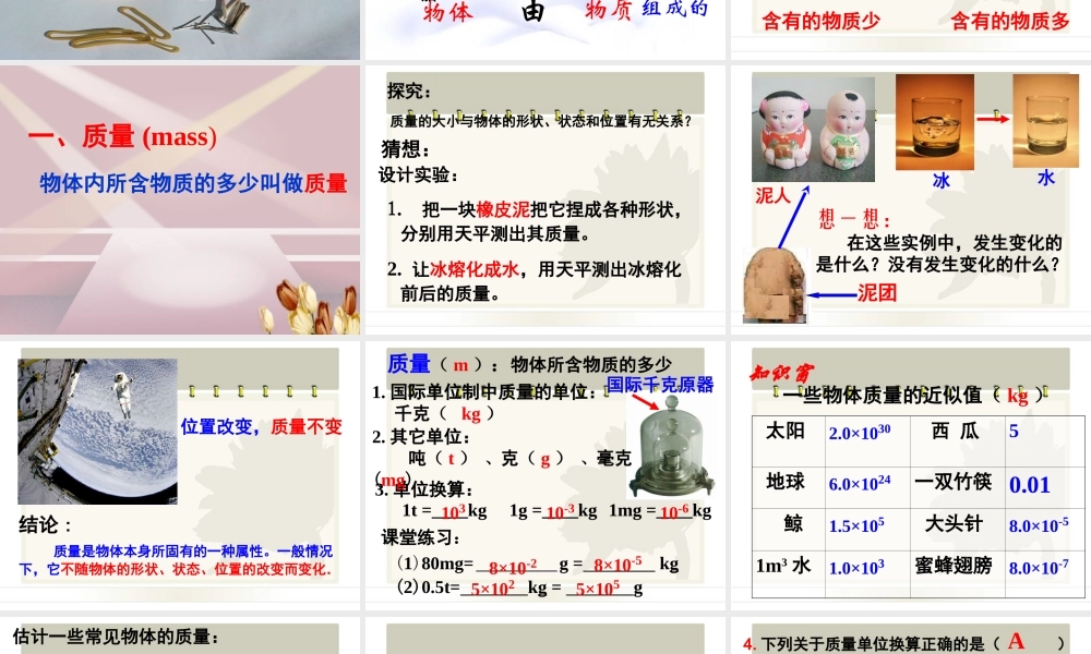 2015届八年级物理上册22《物体的质量及其测量》课件（北师大版）