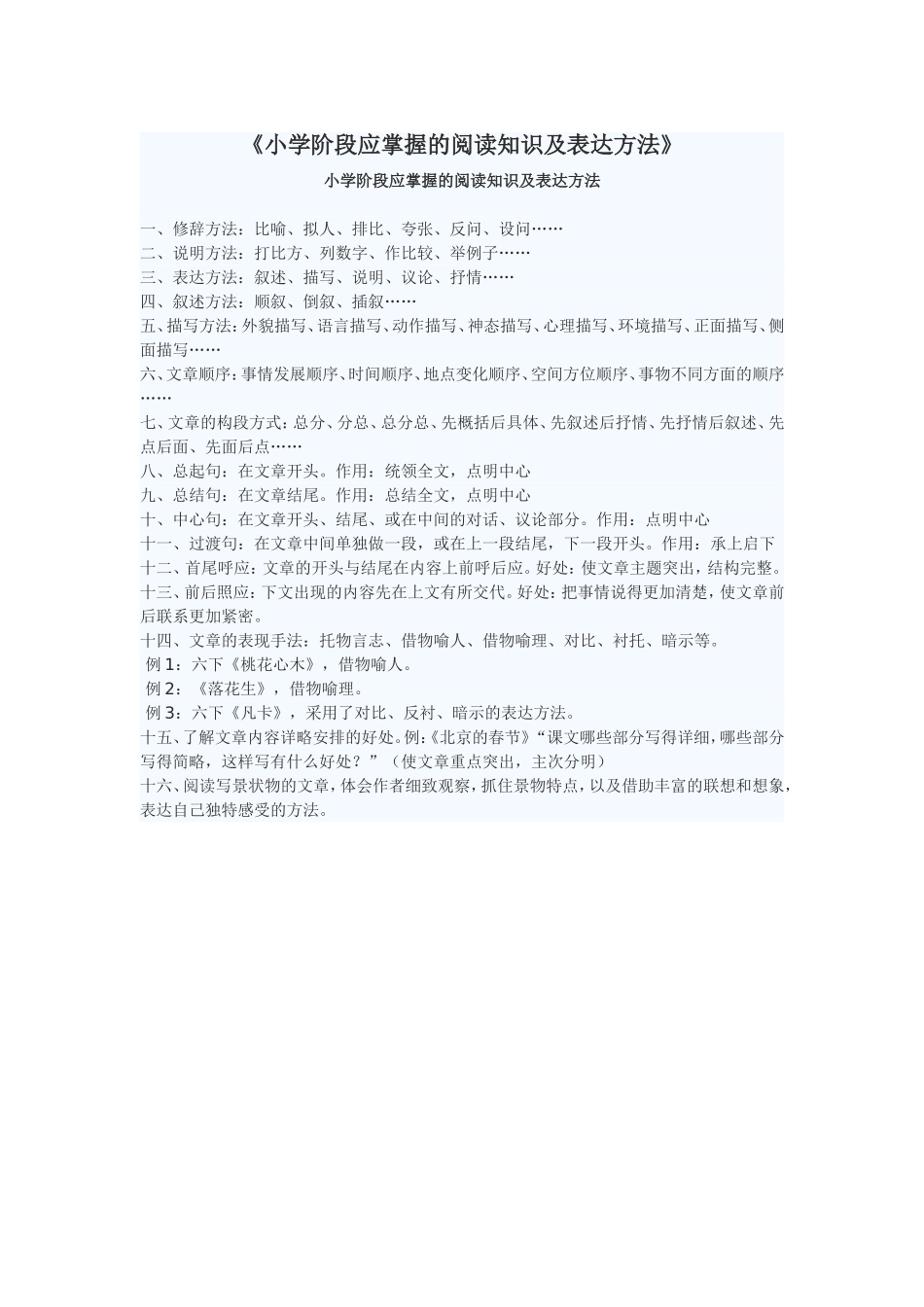 小学阶段应掌握的阅读知识及表达方法_第1页