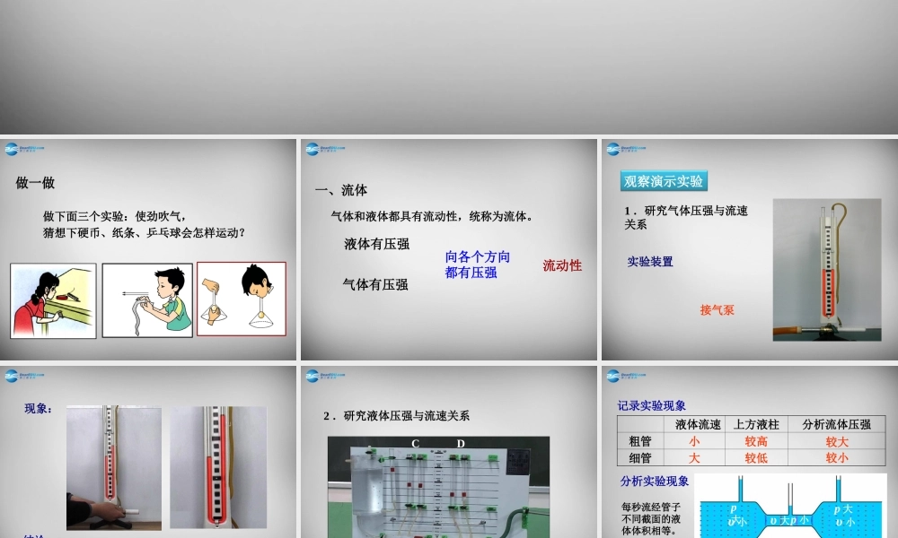 中学八年级物理下册 第九章 第4节 流体压强与流速的关系课件 (新版)新人教版 课件