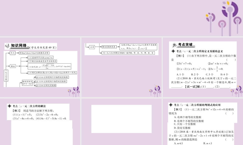 九年级数学上册 2(一元二次方程)章末考点复习与小结习题课件 (新版)北师大版 课件