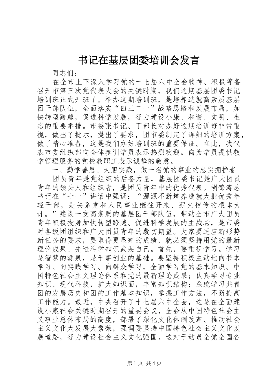 书记在基层团委培训会发言_第1页