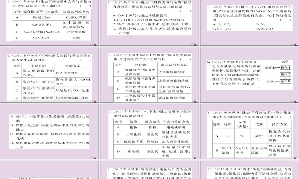 中考化学总复习 第二轮 专题训练 提升能力 专题四 物质的分离与除杂练习课件