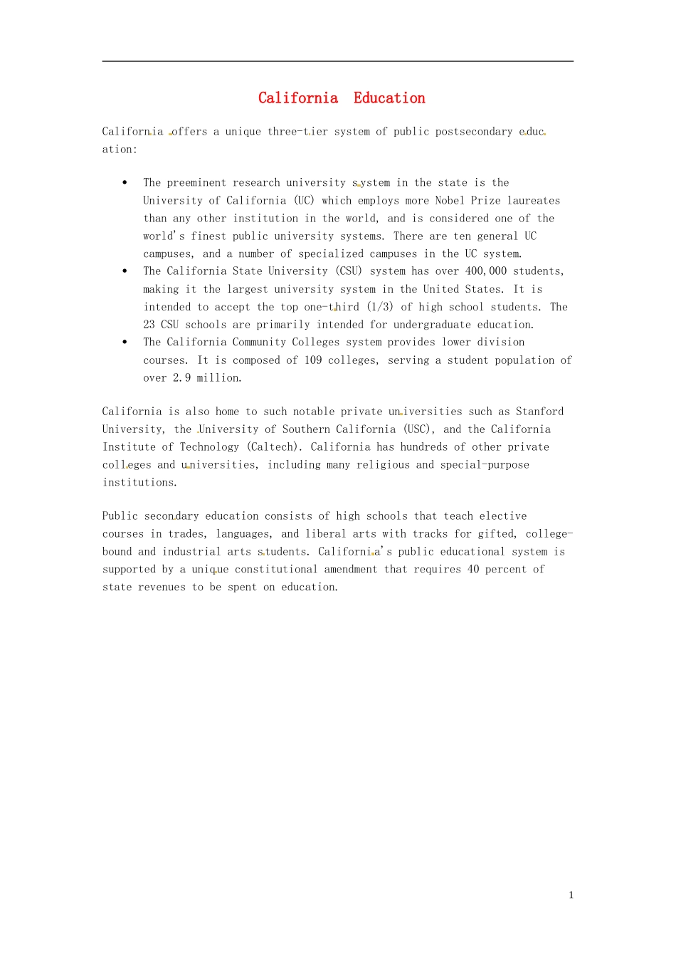 2014-2015学年高中英语Unit1AlandofdiversityCalifornia-education素材新人教版选修8_第1页