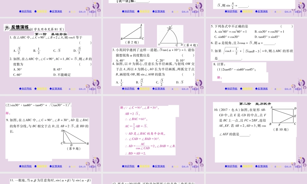 九年级数学上册 第24章 解直角三角形 243 锐角三角函数 2431 锐角三角函数 第2课时 特殊角的三角函数值习题课件 (新版)华东师大版 课件