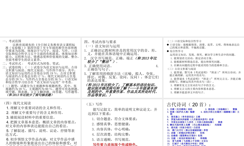 2014年重庆市中考语文说明