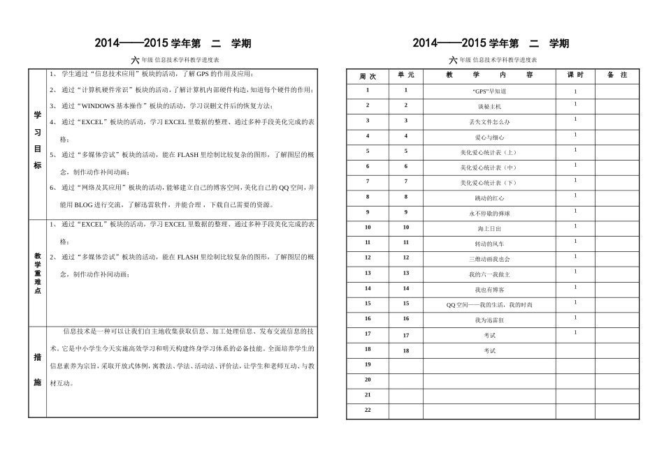 信息技术教学计划及进度表——六年级_第1页
