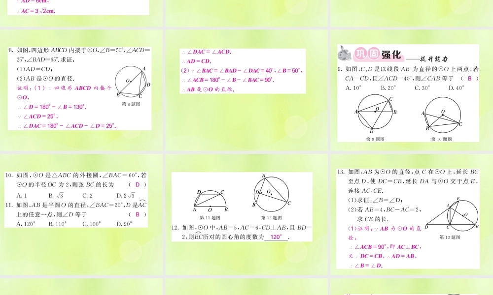 九年级数学下册 第2章 圆 22 圆心角、圆周角 222 圆周角 第2课时 圆周角的推论及圆内接四边形习题课件 (新版)湘教版 课件