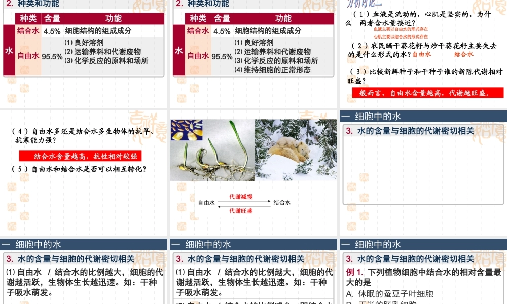 【生物】25细胞中的无机物课件2（人教版必修1）