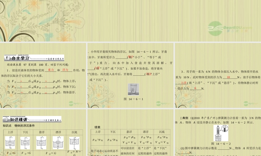 九年级物理上册 第十四章 压强和浮力 六(浮力的应用)第1课时 物体的浮沉条件课件 人教新课标版 课件