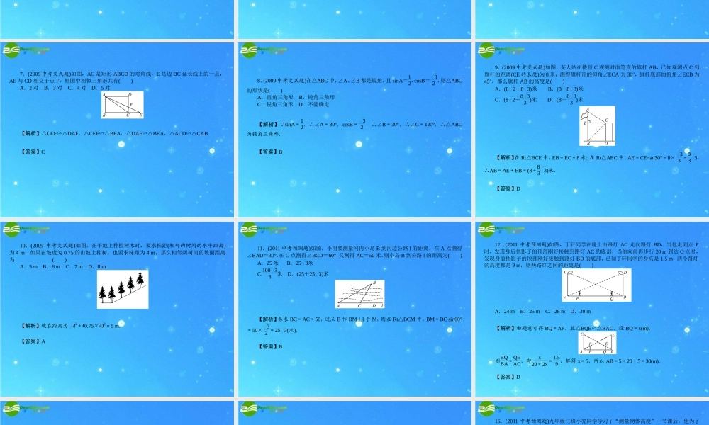 中考数学复习 (图形的相似与解直角三角形)达标检测课件