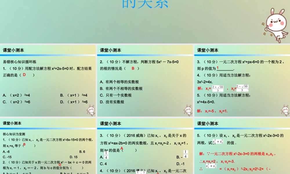 九年级数学上册 第二十一章 一元二次方程 212 解一元二次方程 第5课时 一元二次方程的根与系数(小册子)课件 (新版)新人教版 课件
