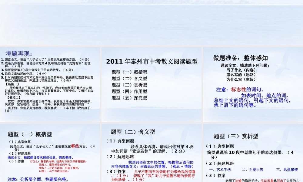 九年级语文现代文阅读复习专题 记人叙事类散文的阅读课件 苏教版 课件