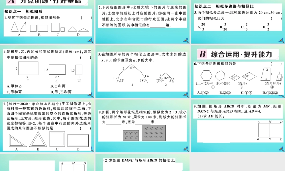 九年级数学上册 第22章 相似形 221 比例线段 第1课时 相似图形作业课件 (新版)沪科版 课件