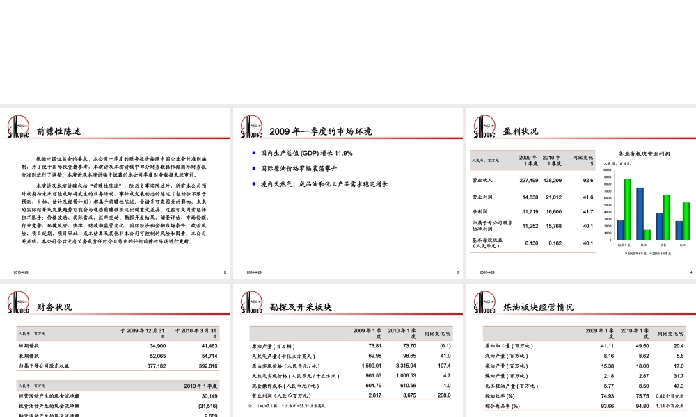 中国石油化工股份有限公司2010年一季度业绩发布
