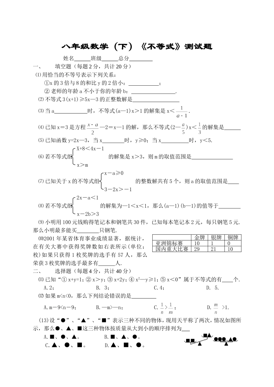 八年级数学下不等式测试题OK_第1页