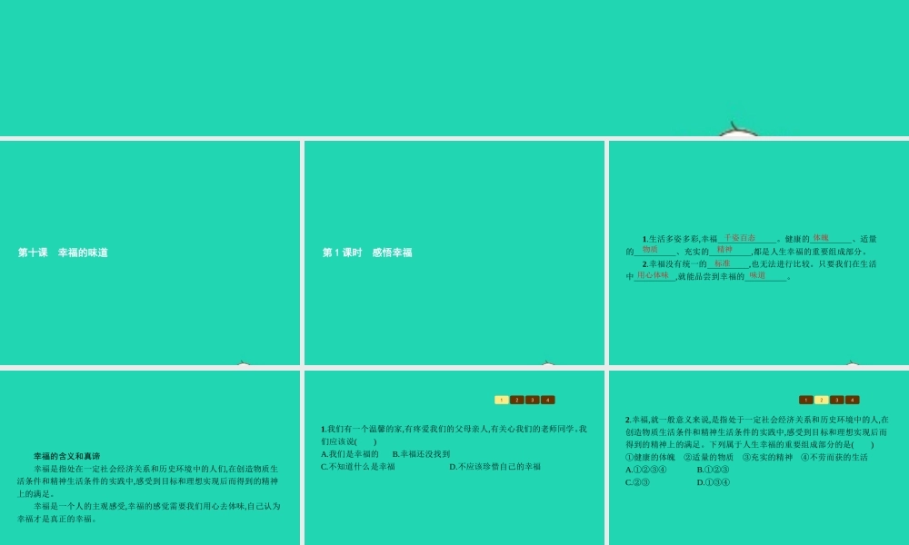九年级政治全册 第四单元 从这里出发 第10课 幸福的味道 第1框 感悟幸福课件 人民版 课件