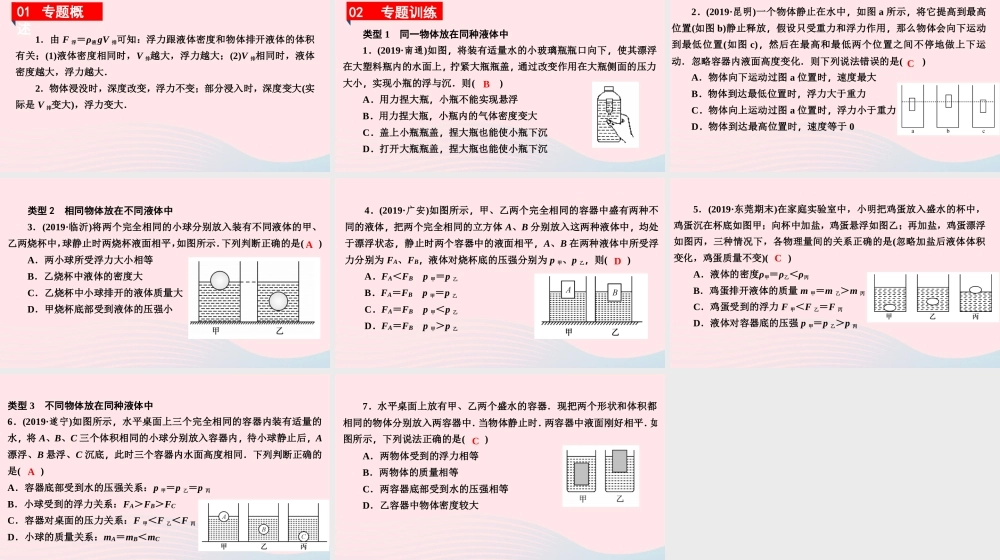 八年级物理下册 第九章 浮力与升力 小专题(七)浮沉状态的分析课件 (新版)粤教沪版 课件