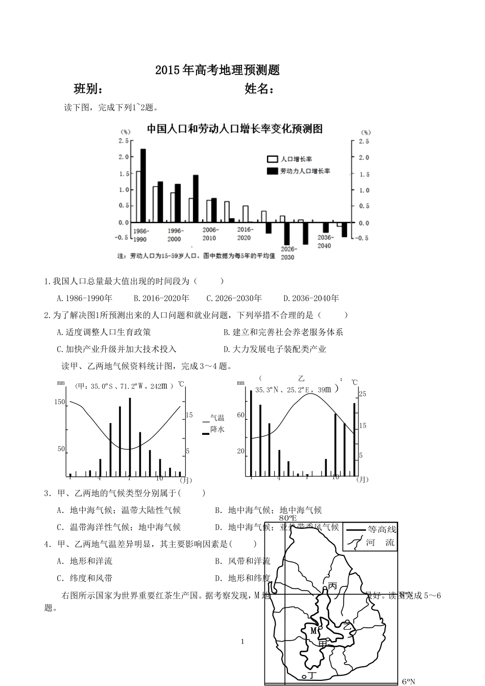 2015年高考地理预测题_第1页