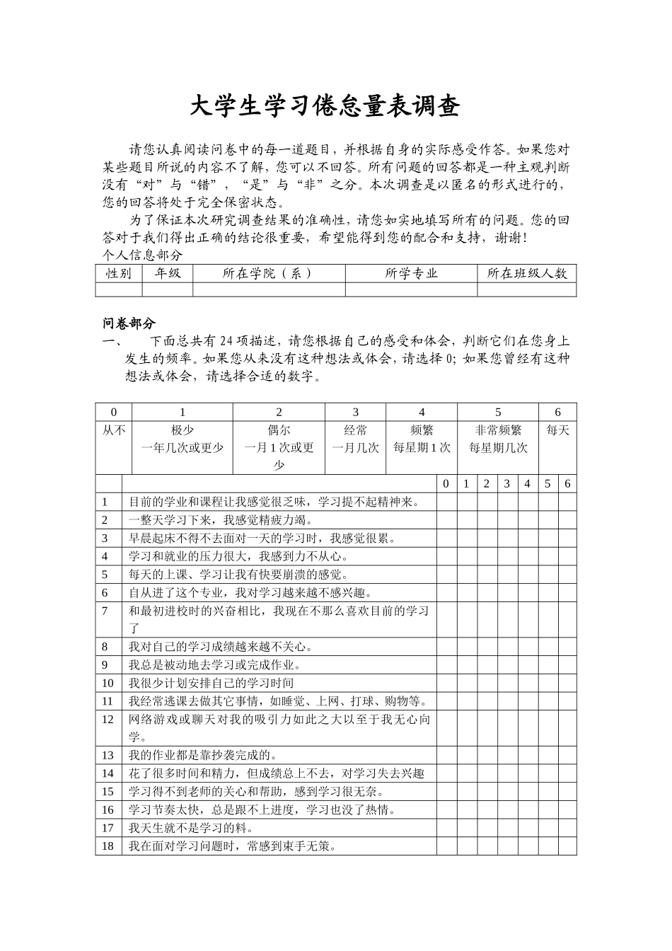大学生学习倦怠量表调查_第1页