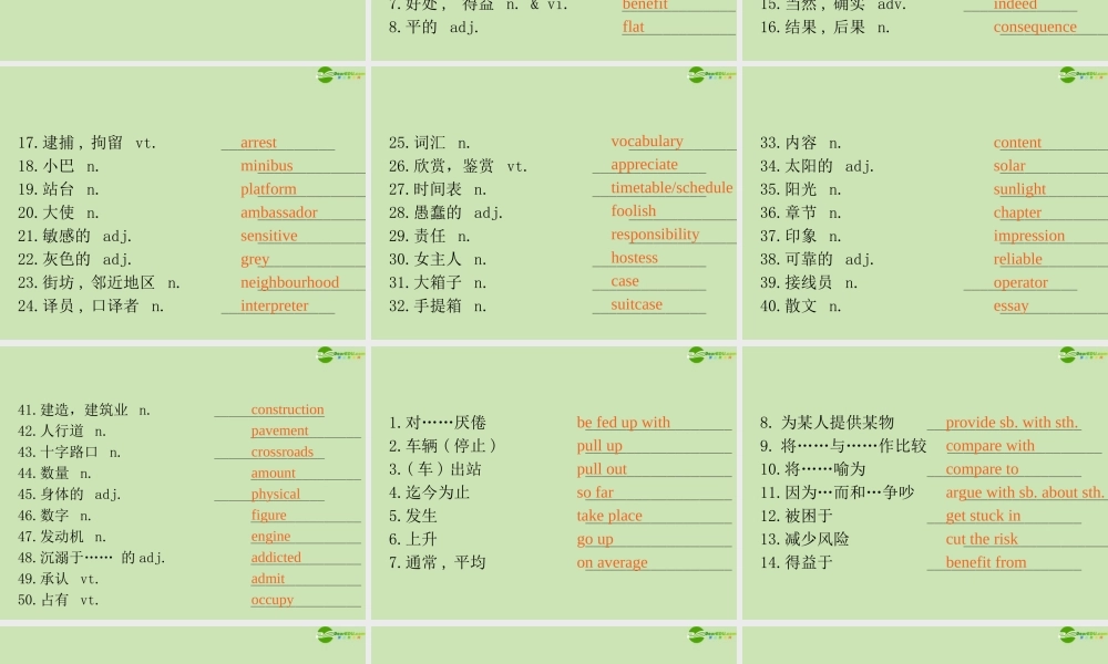 广东省高三英语第一轮总复习 Module3 Unit9 Wheels(1)课件 北师大版 新课标 课件