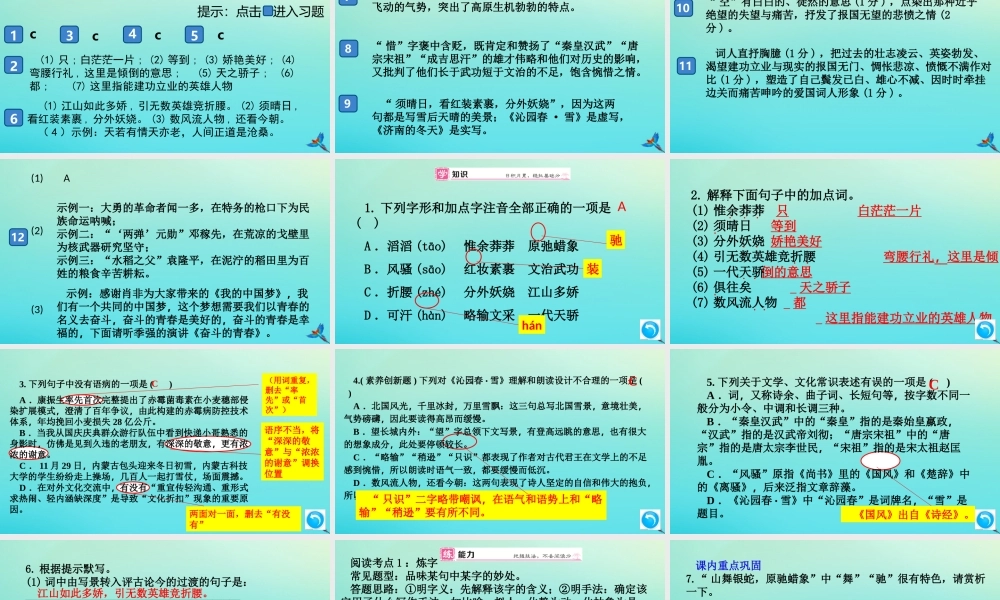 九年级语文上册 第一单元 第一课 沁园春 雪作业课件 新人教版 课件