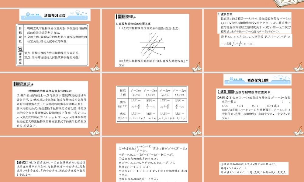 数学 第二章 圆锥曲线与方程 2.4.2 抛物线的简单几何性质 第2课时 抛物线方程及性质的应用教学课件 新人教A版选修2 1 课件