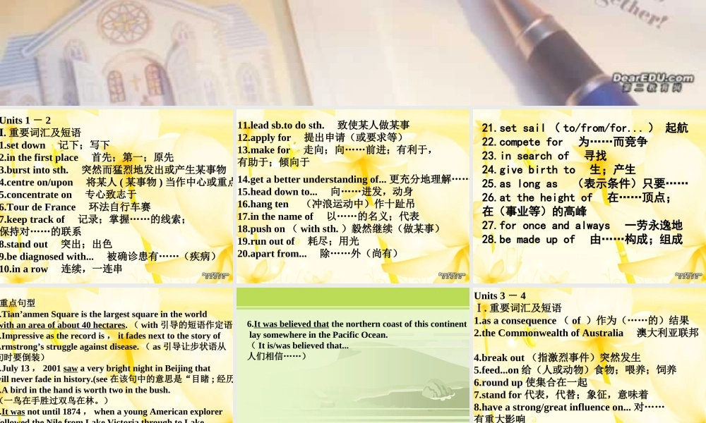 新课程高三英语Units1-10重要词汇及句型总汇 课件