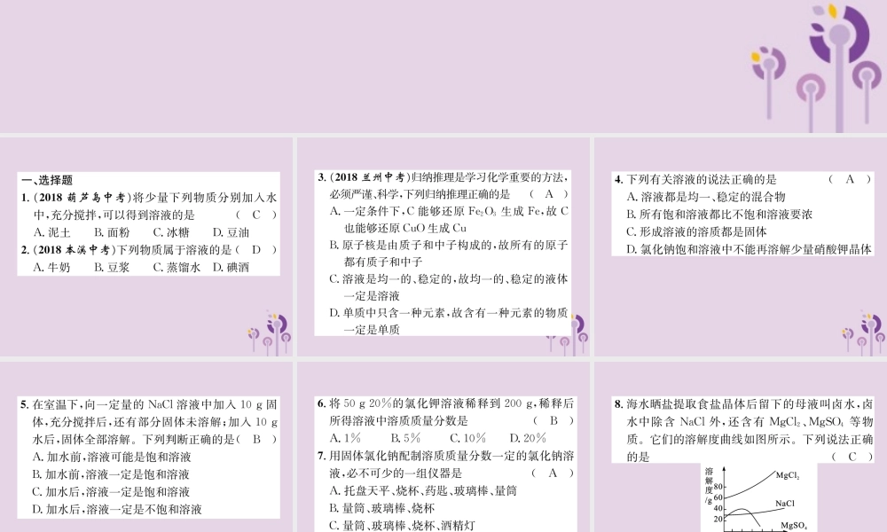 中考化学总复习 第1编 主题复习 模块1 身边的化学物质 课时4 溶液(精练)课件