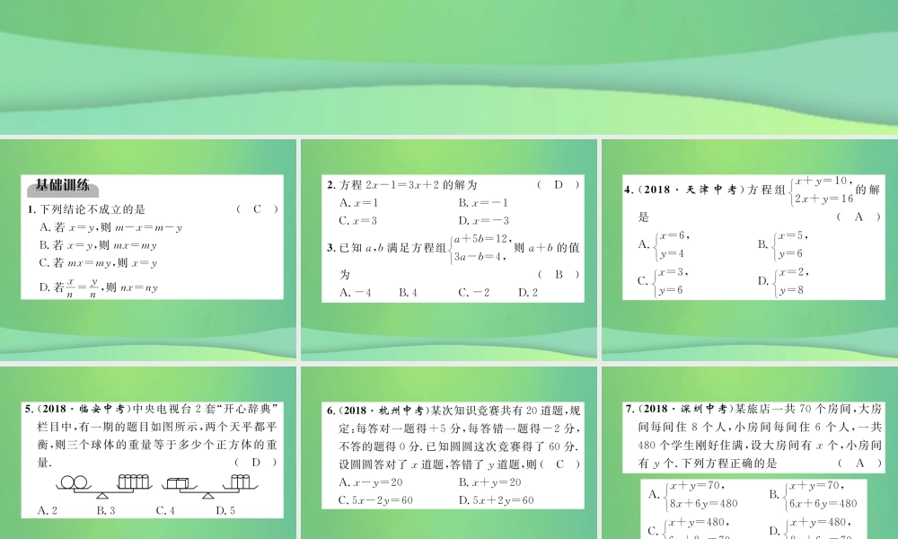 中考数学复习 第2章 方程(组)与不等式(组)第6课时 一次方程与方程组(精练)课件
