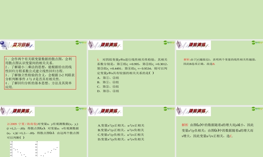 安徽省高三数学复习 第12单元第72讲 变量的相关性、回归分析、独特性检验课件 理 课件