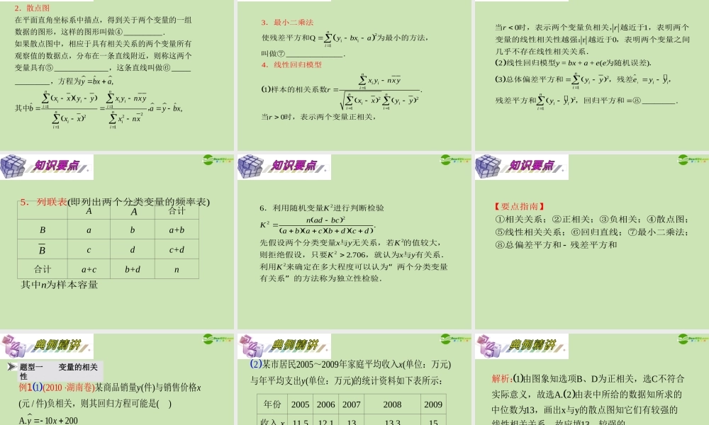 安徽省高三数学复习 第12单元第72讲 变量的相关性、回归分析、独特性检验课件 理 课件