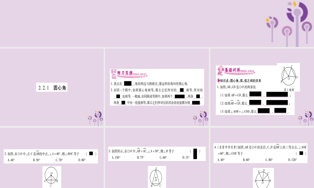九年级数学下册 第2章 圆 22 圆心角、圆周角 221 圆心角作业课件 (新版)湘教版 课件
