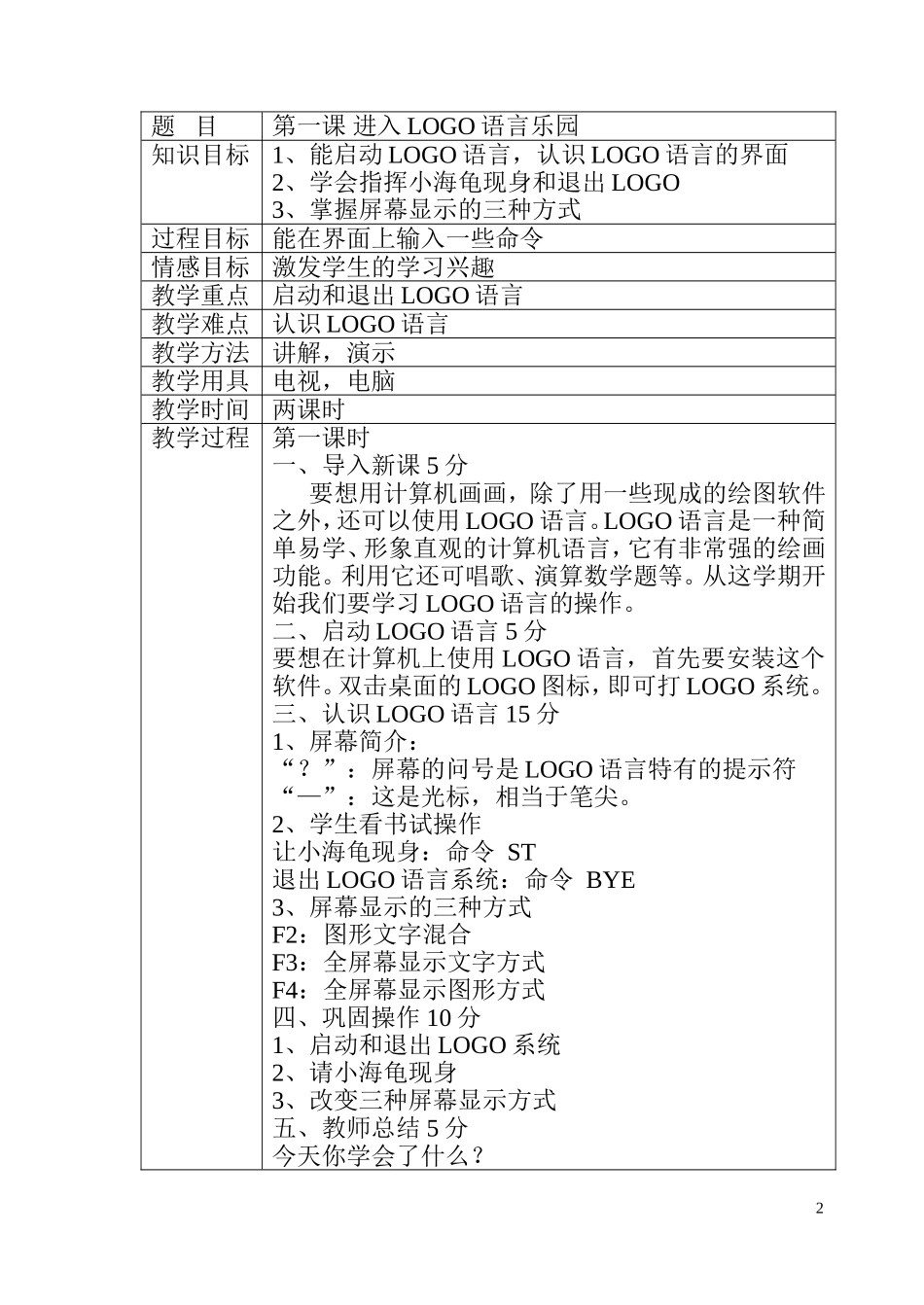 六年微机教案LOGO语言修改后_第2页