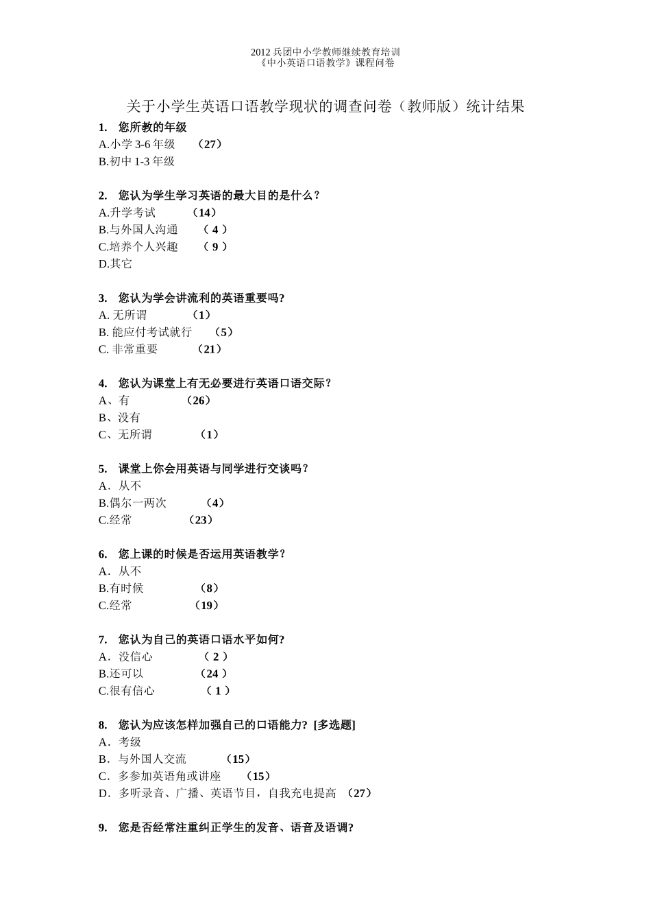 小学英语口语教学调查问卷_第1页