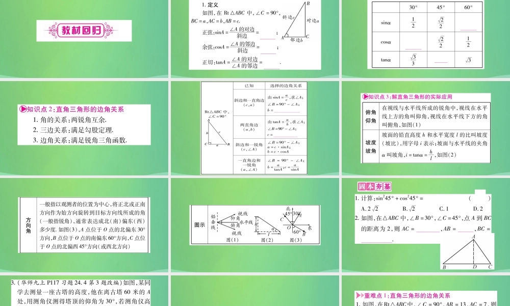 中考数学复习 第一轮 考点系统复习 第四章 三角形 第五节 锐角三角函数及其应用(精讲)课件