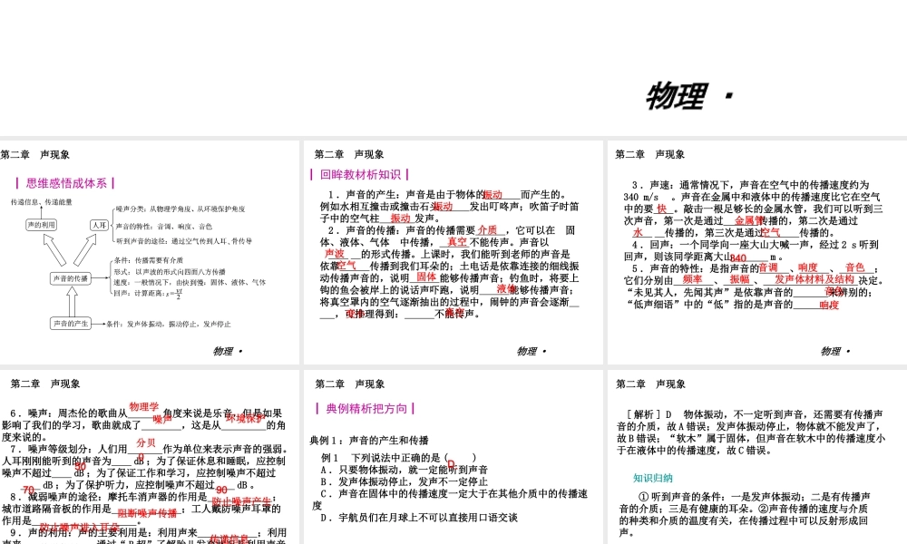 【复习全案人教通用】2013-2014学年八年级物理上册：第二章　声现象课件（26PPT，回眸教材析知识+典例精析+实战演习）