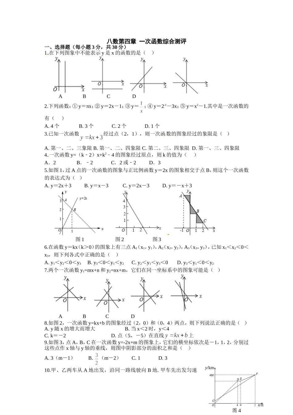 八数第四章-一次函数综合测评_第1页