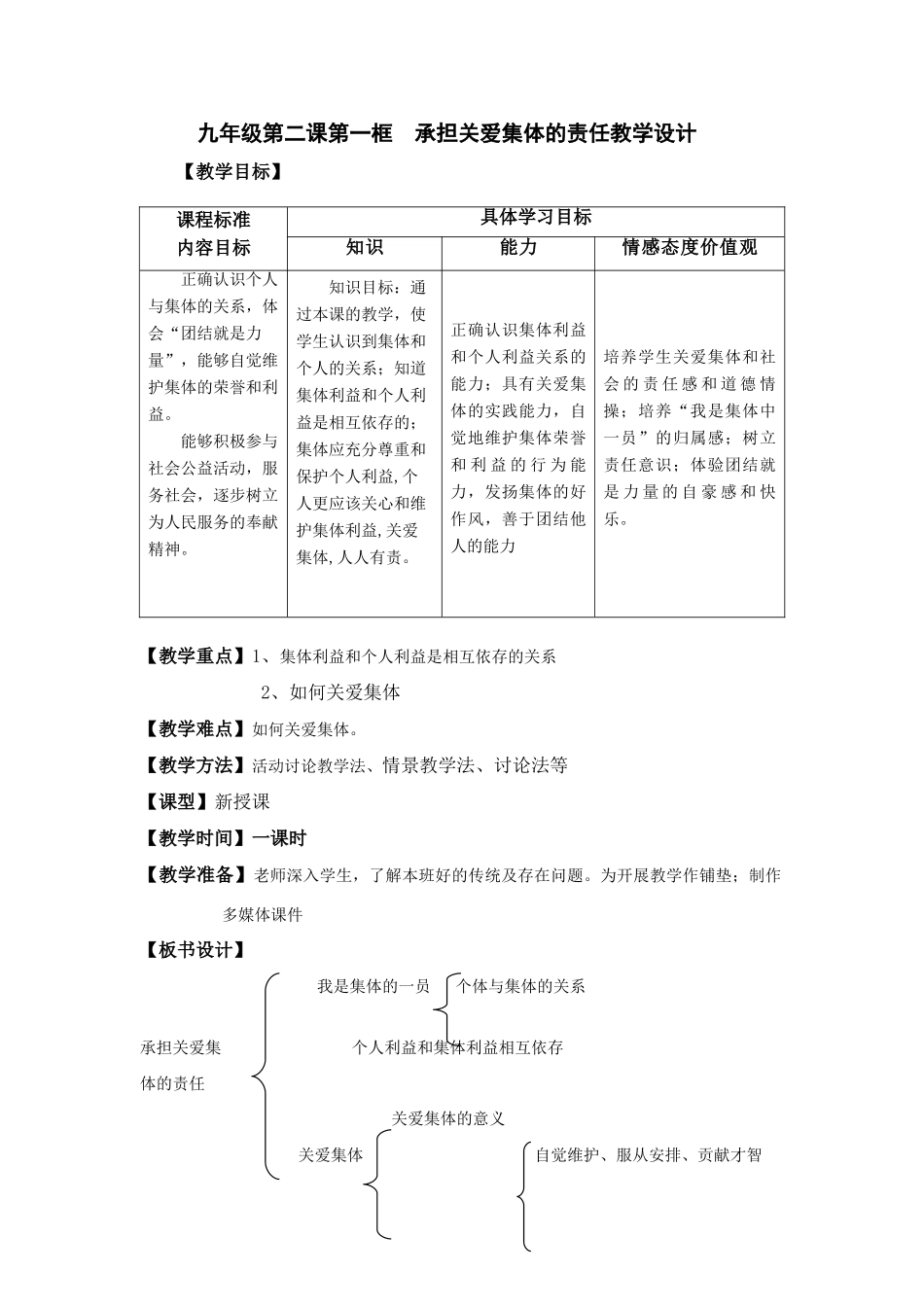 承担关爱集体的责任教学设计doc 九年级政治承担关爱集体的责任课件_第1页