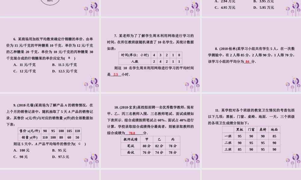七年级数学下册 第6章(数据的分析)6.1 平均数、中位数、众数 6.1.1 平均数 第2课时 加权平均数习题课件 (新版)湘教版 课件