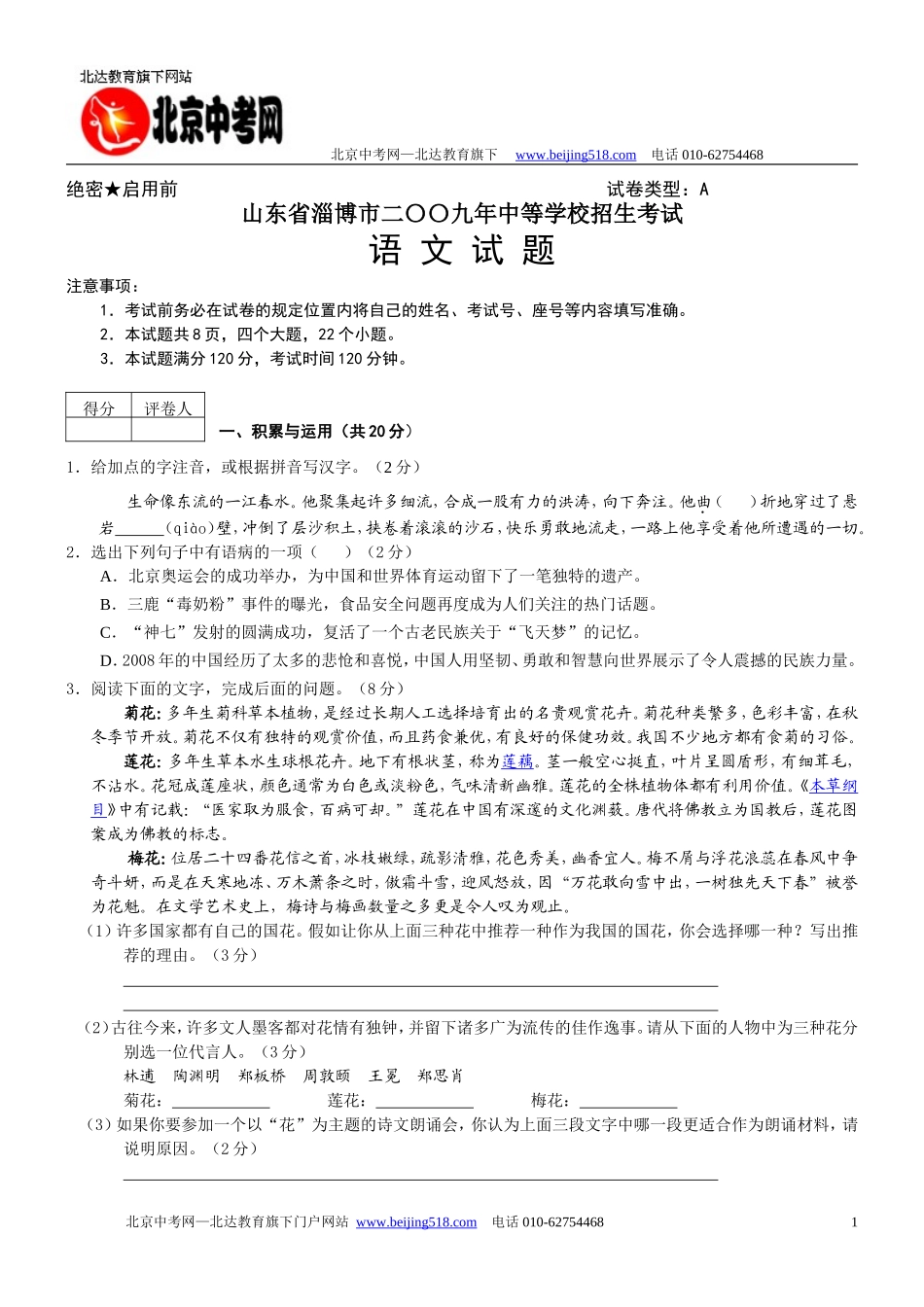 2009年山东省淄博市中考真题——语文_第1页