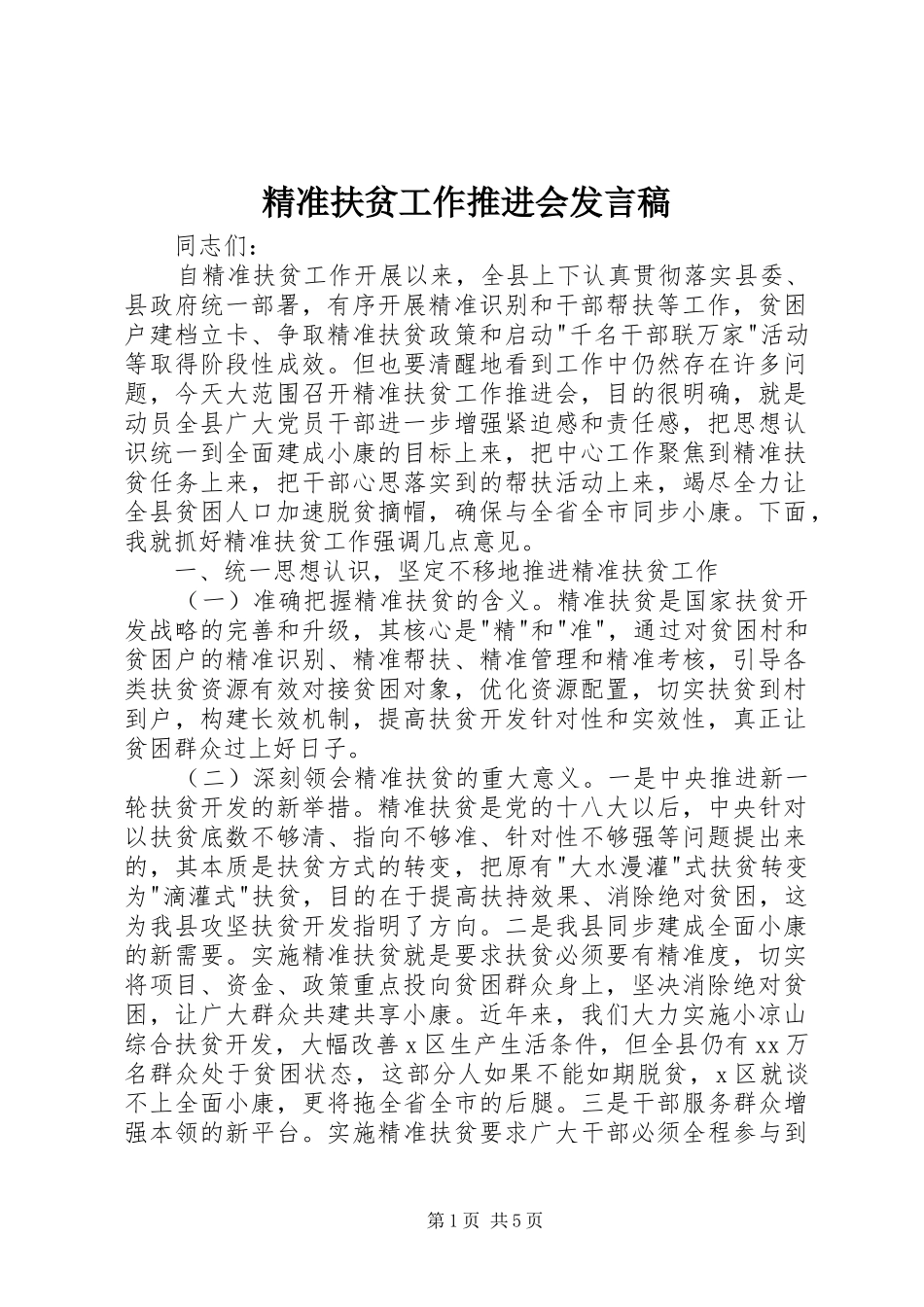 精准扶贫工作推进会发言稿_第1页
