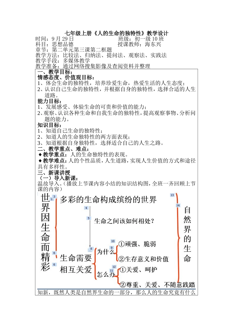 《人的生命的独特性》教学设计_第1页