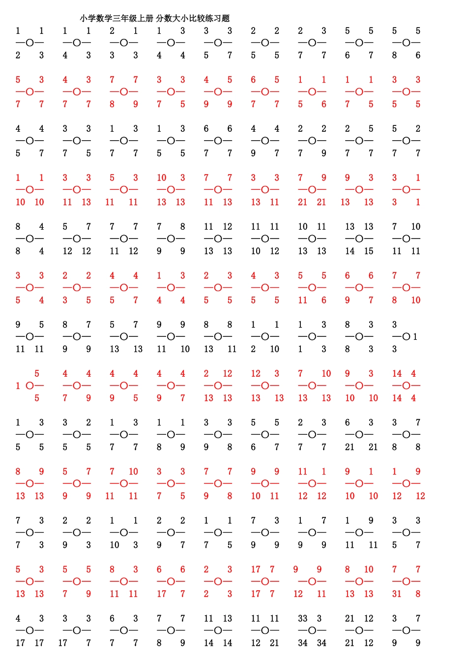 小学数学三年级上册分数大小比较练习题_第1页