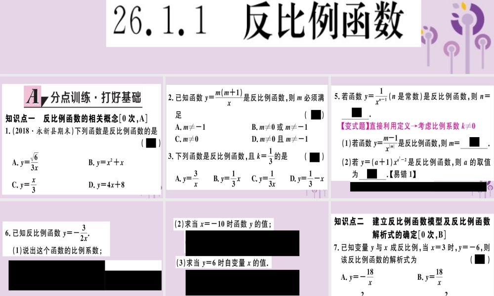九年级数学下册 第二十六章 反比例函数 261 反比例函数 2611 反比例函数习题讲评课件 (新版)新人教版 课件