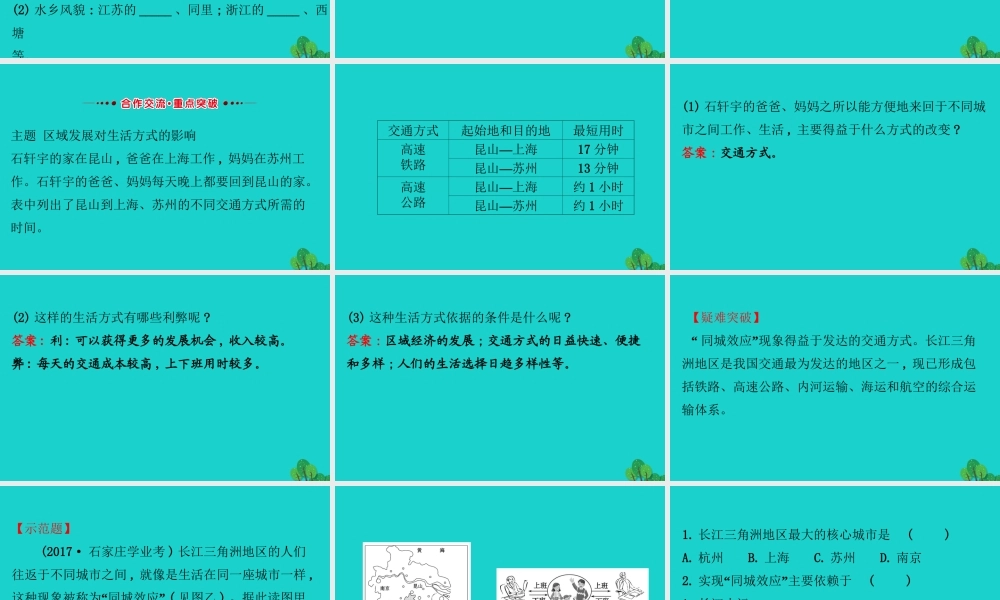 八年级地理下册 第七章 第二节 鱼米之乡 长江三角洲地区(二我国最大的城市群 水乡的文化特色与旅游)习题课件(新版)新人教版 课件