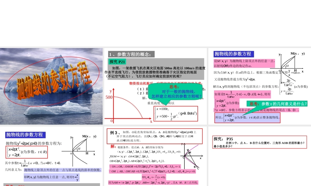 数学人教选修4-4(A)圆锥曲线的参数方程-抛物线 ppt 课件