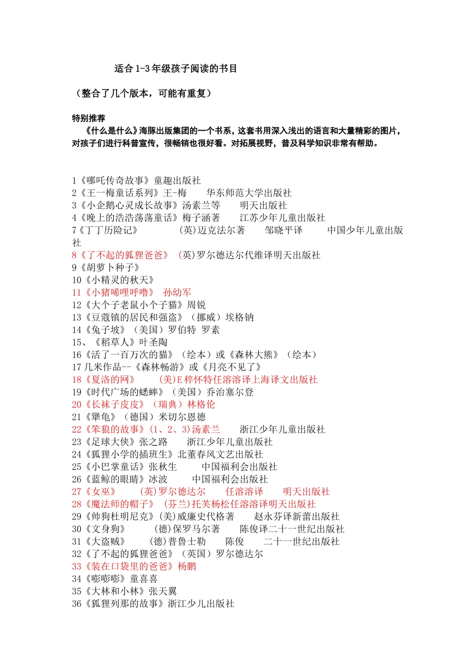 一份推荐给1-3年级孩子的书单_第1页