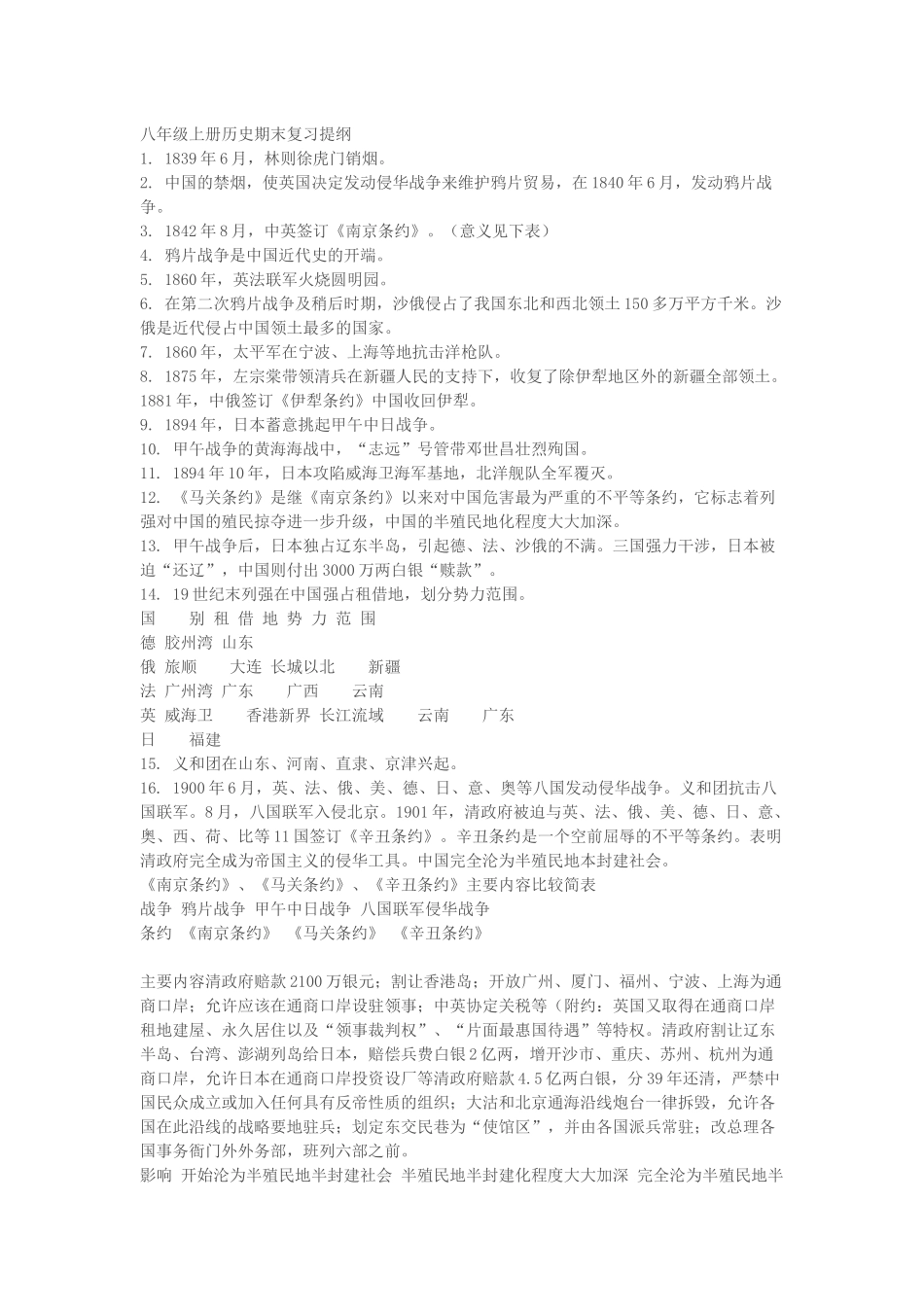 八年级上册历史期末复习提纲_第1页