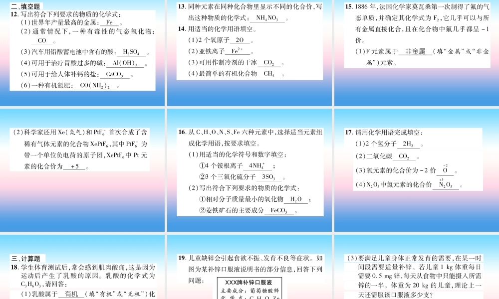 中考化学复习 第1编 教材知识梳理篇 第4单元 自然界的水 第2讲 化学式和化合价(精练)课件